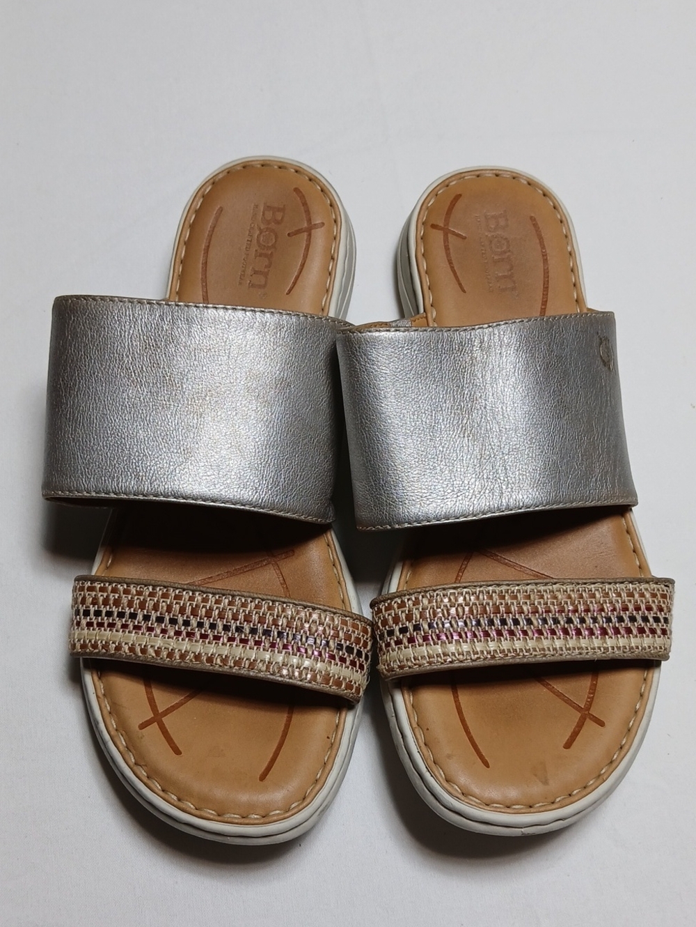 Born Metallic Silver Slide Sandals with Woven Tan Accent Sz 9M